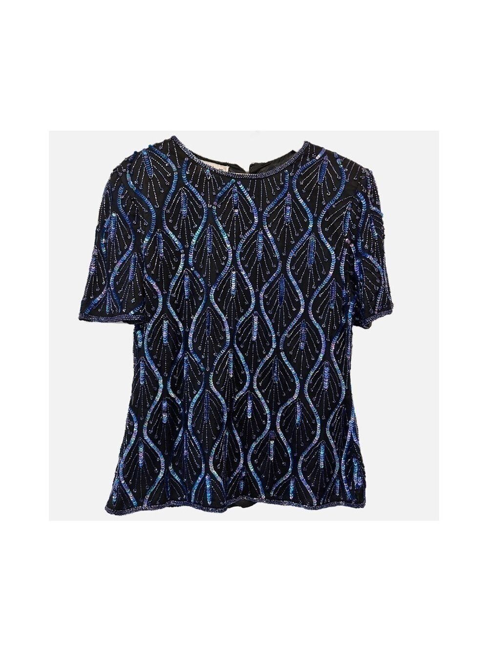 Vintage Stenay Sequin Beaded Top Sz L Zip Hook Closure Purple Blue Lined No Flaw